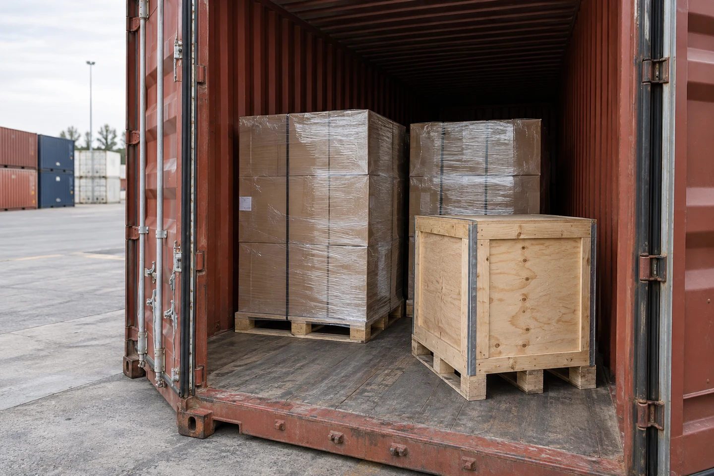 Palletized goods ready for shipment in an export container.