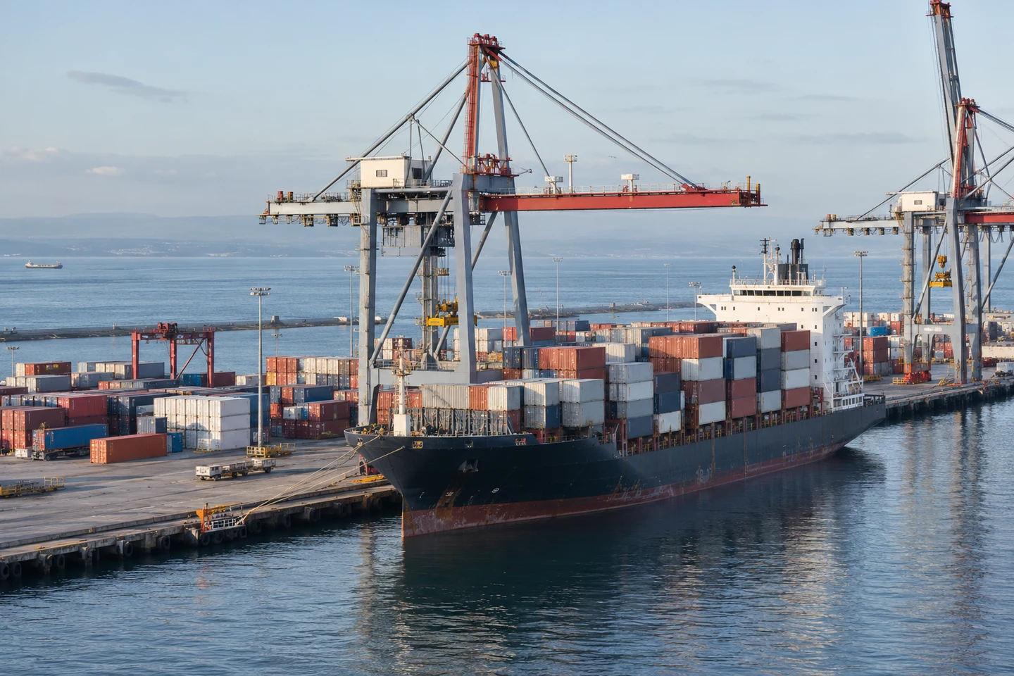 A container ship and loading cranes at an international trading port.