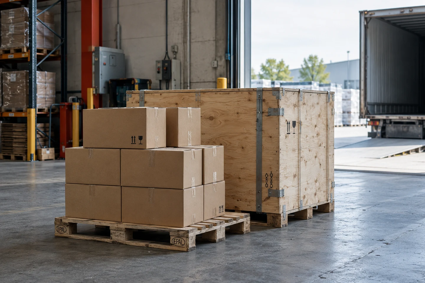 Palletized goods and a wooden shipping crate in an import warehouse.